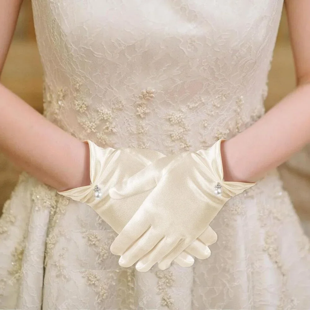 Women's Satin Short Length Pearl Gloves Cream Banquet Wedding Party Costume